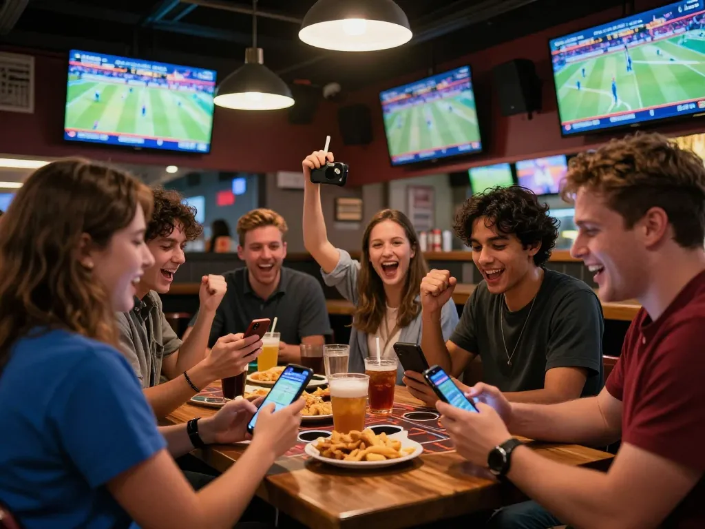 Friends engaging in sports betting at s666 venue, excitement and camaraderie during live games, vibrant sports bar atmosphere.