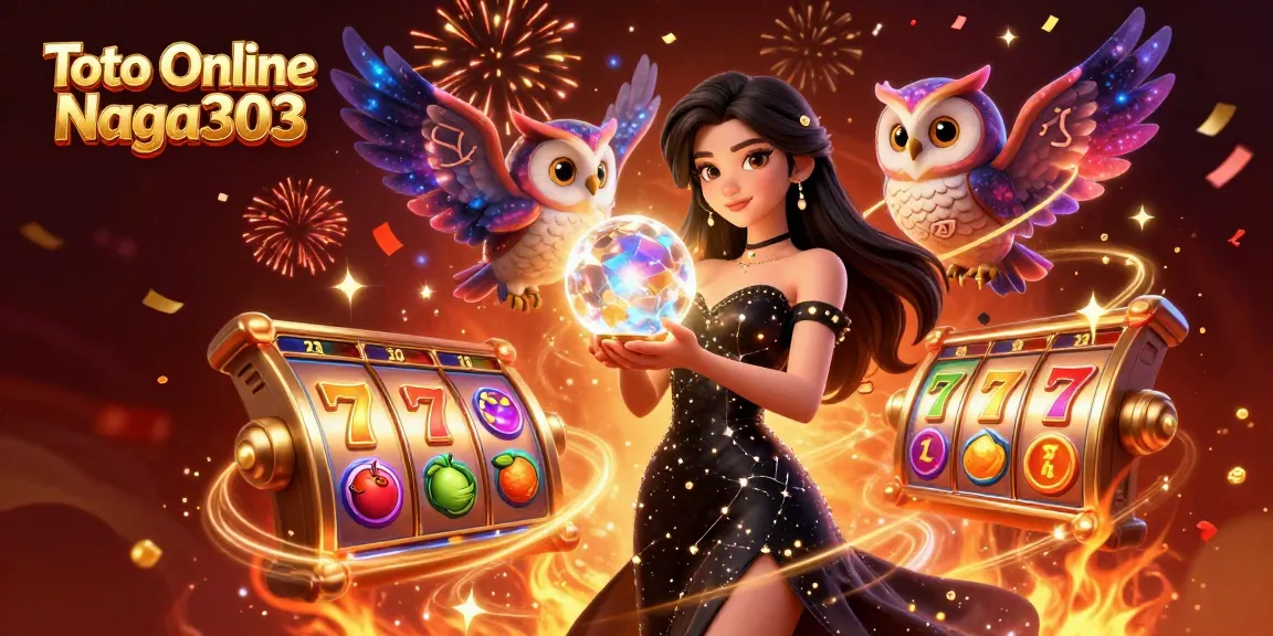 Toto Online Naga303 showcases a thrilling 3D scene with a mystical woman and vibrant slot game elements.
