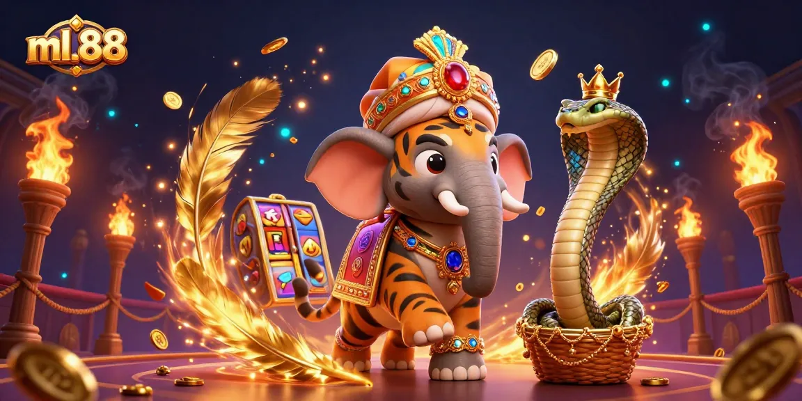 Experience thrilling gaming with ml.88 in this vibrant 3D illustration featuring a majestic maharaja, elephant, and golden casino elements.