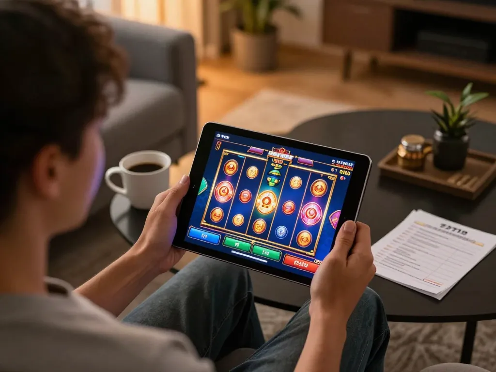 Engaging mobile gameplay of game nổ hũ with vivid slot animations on a tablet screen, emphasizing strategic betting.