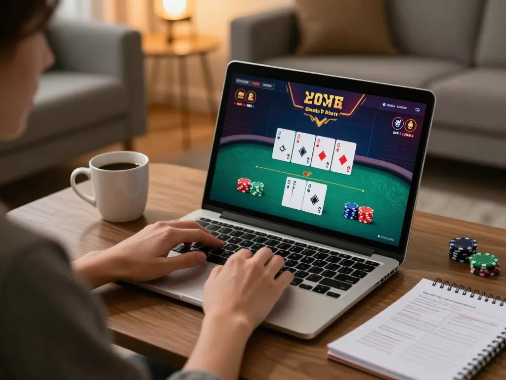 Experience 33win online poker gameplay in a cozy home setting, showcasing strategic decision-making.