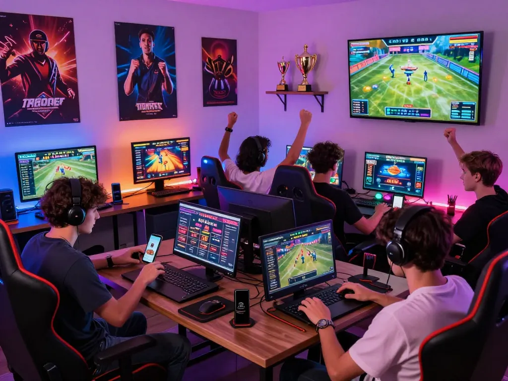 Exciting atmosphere at nhà cái jun88 where diverse players enjoy online betting with vibrant screens and gaming setups.