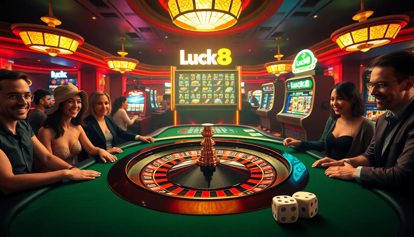Luck8 thrilling casino experience with roulette wheel, poker table, and bright slot machines.