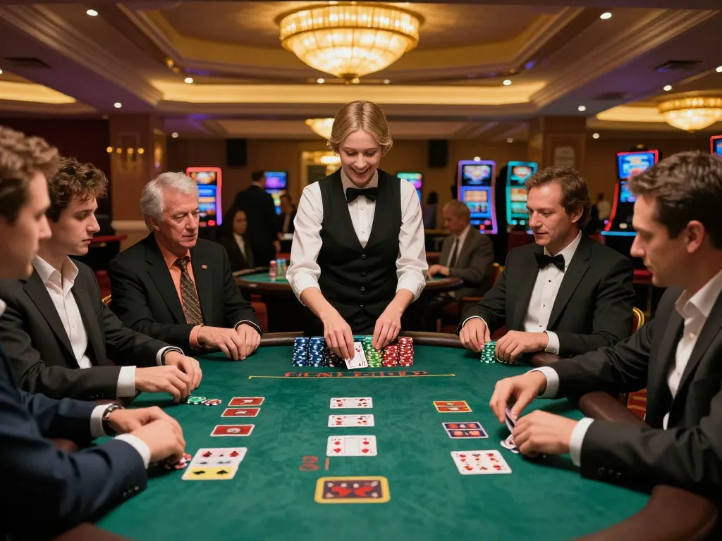 3WIN players engaging in a strategic blackjack game at an upscale casino table with vibrant chips.