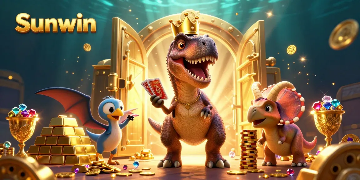 Sunwin promotes winning strategies in an exciting 3D casino scene with a dinosaur dealer and vibrant gold elements.