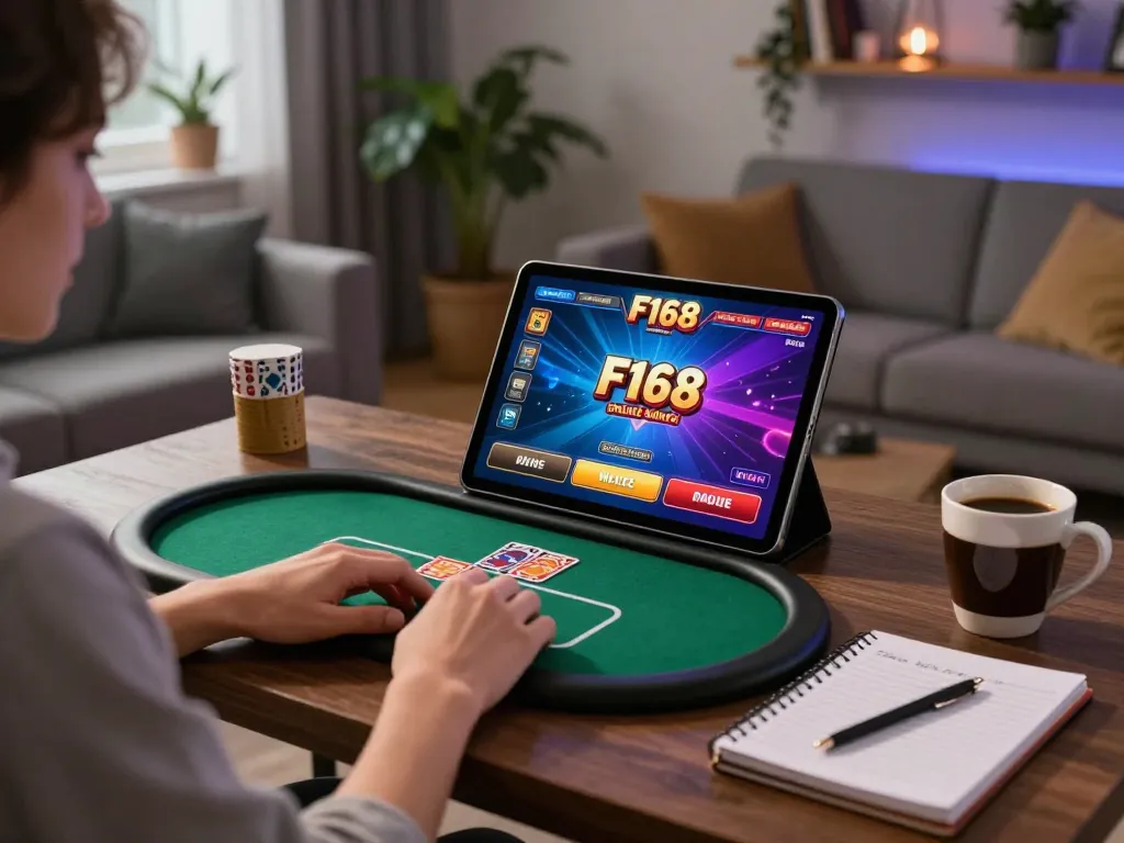 Engaging in F168 online casino gaming with a tablet in a cozy home setting.
