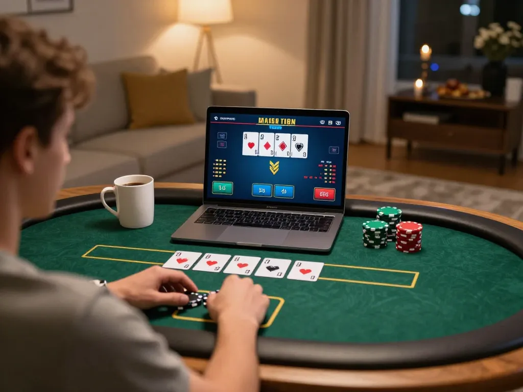 Engaging poker gameplay on FIVE88 laptop, showcasing virtual betting strategy in a cozy setting.