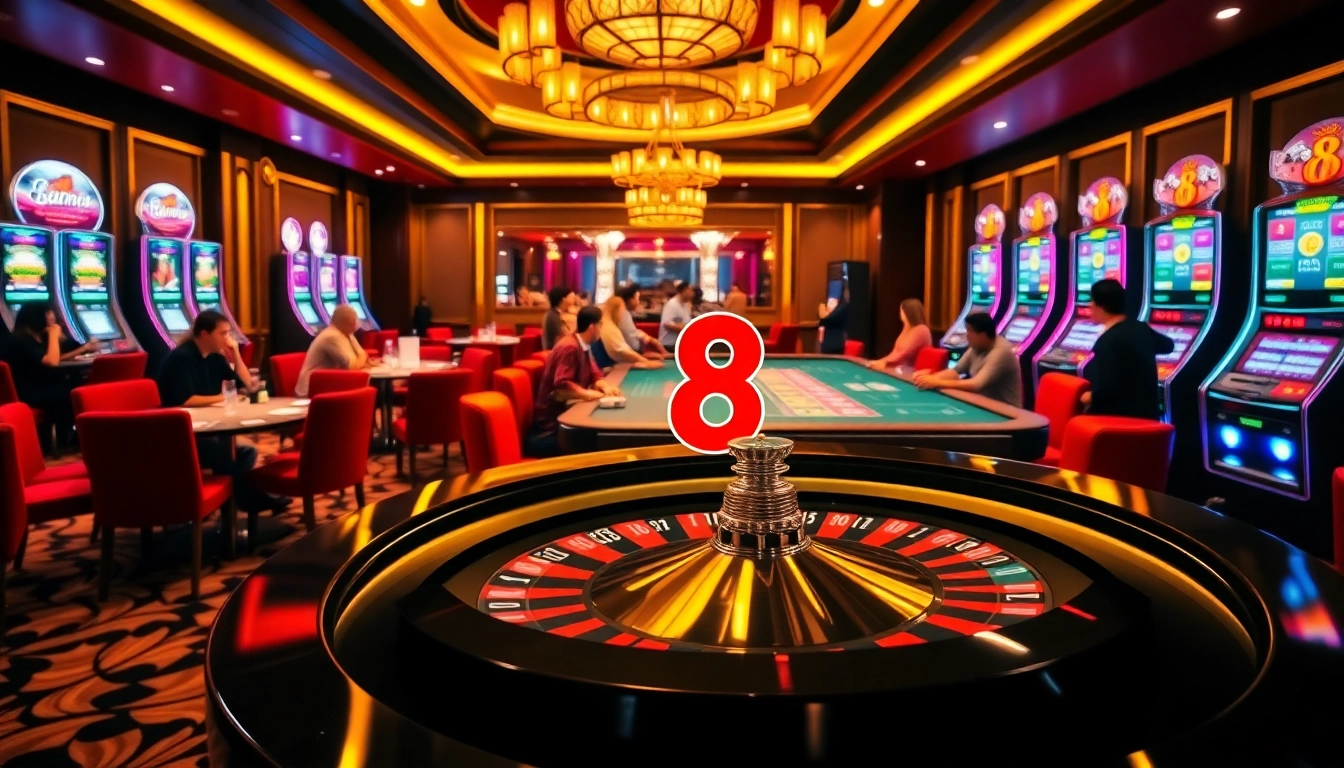 Go8 logo shines on an elegant roulette wheel in a luxurious casino setting.
