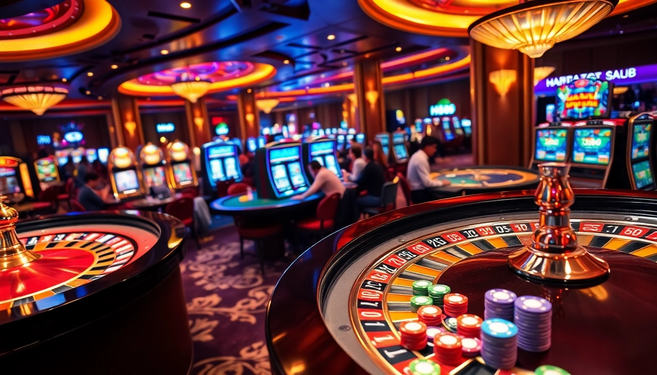 Experience thrilling games at HZ88 casino, with poker chips and roulette tables in a luxurious setting.
