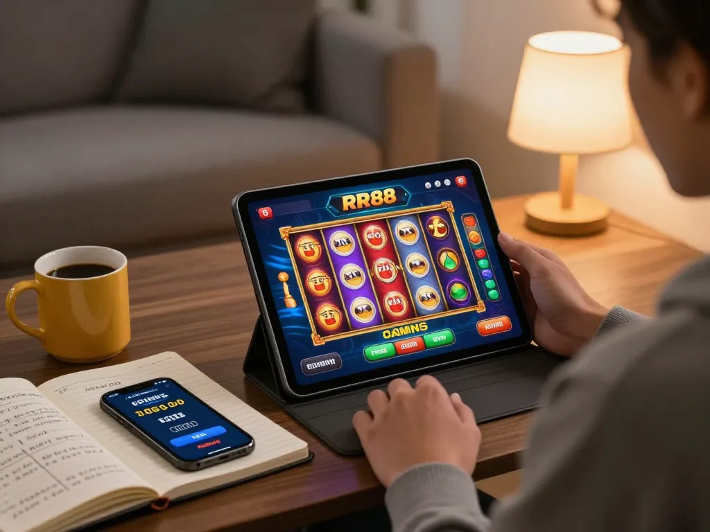 Engaging with the RR88 casino app on a tablet in a cozy living room setting, showing strategic gaming.