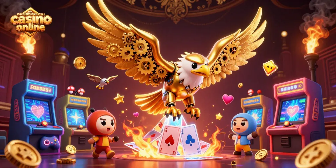 Experience the excitement of gambling at casinoscout casino online with this vibrant and dynamic illustration of a cybernetic eagle amidst casino games.