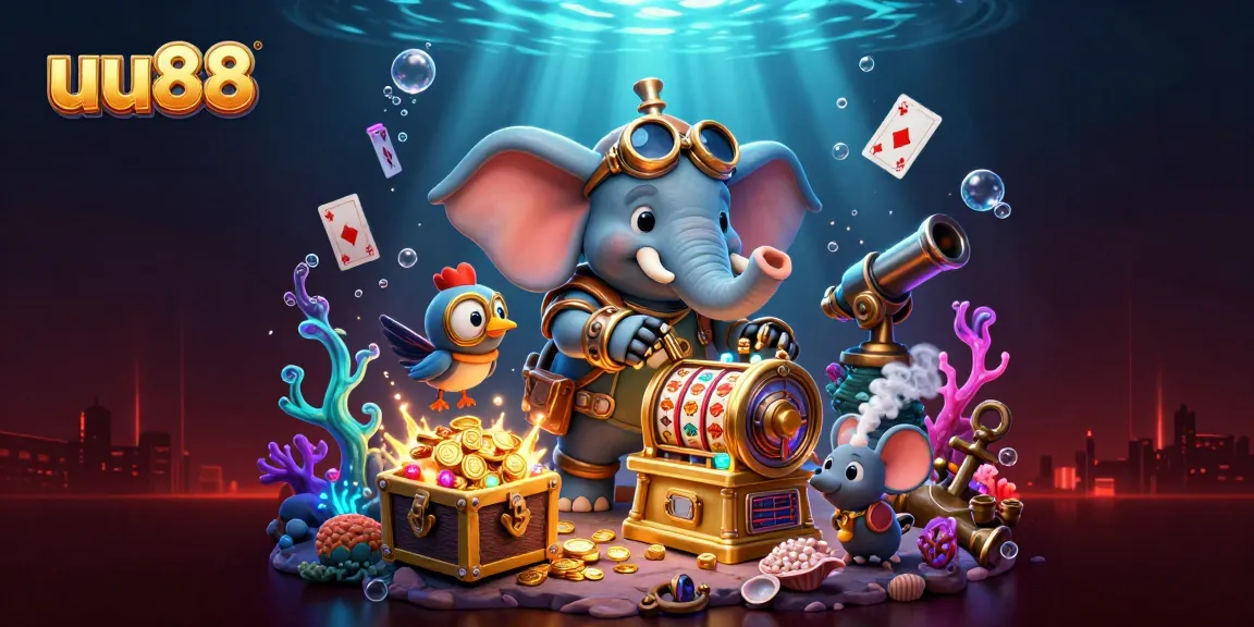 Spin the golden slot machine at uu88 with dynamic characters in a vibrant casino illustration.
