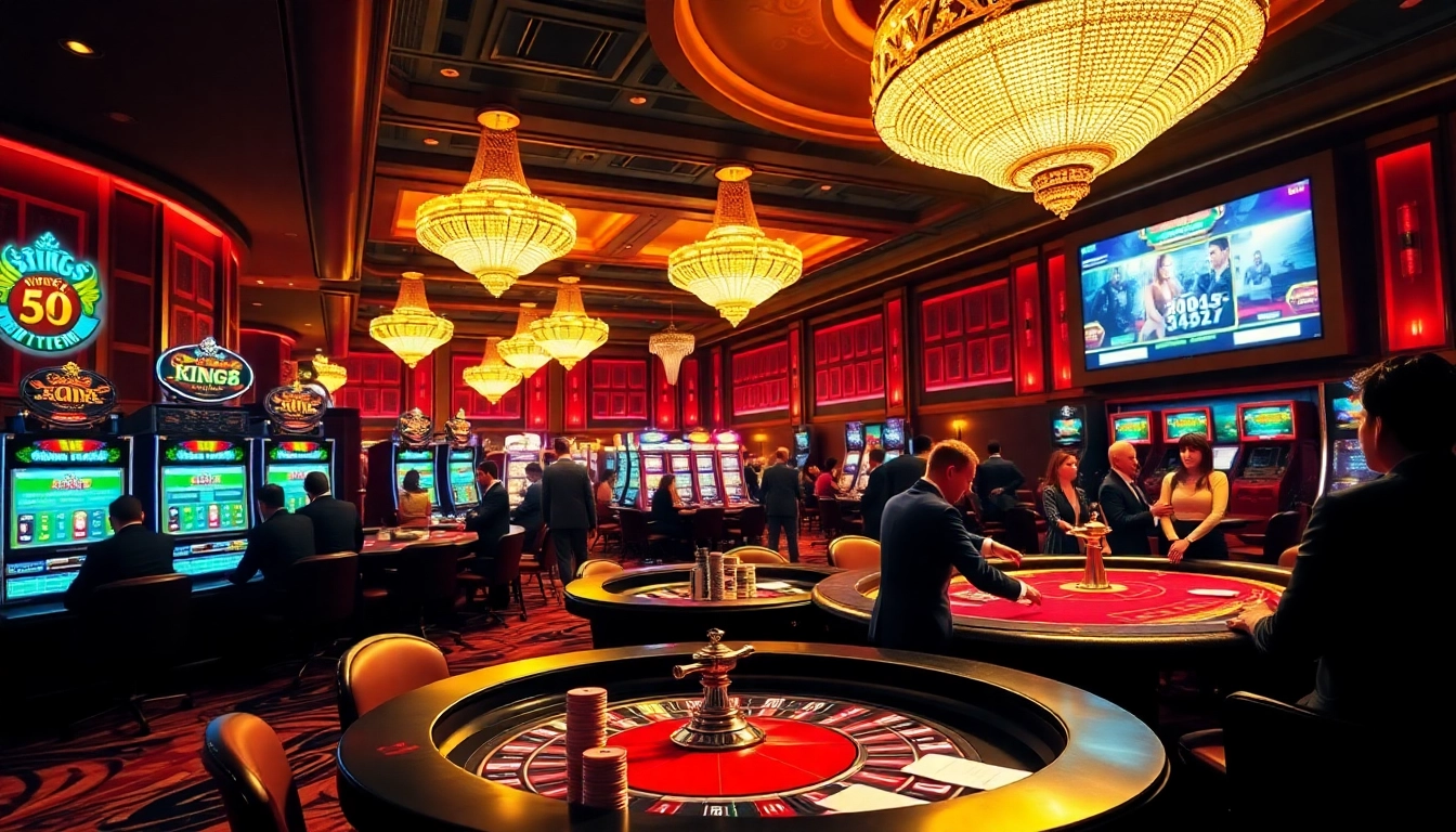 Exciting gambling atmosphere at King88 featuring live casino games, vibrant slot machines, and professional players.