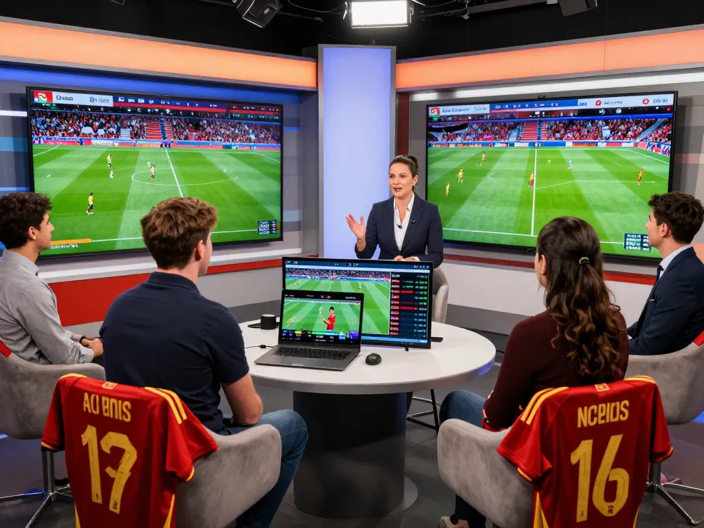 Soi kèo bóng đá Tây Ban Nha analysis with expert presenter using interactive touchscreen in vibrant sports studio.