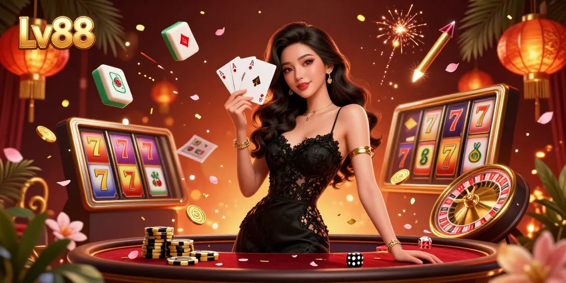 Experience thrilling wins at Lv88 with an elegant lady holding playing cards amidst dynamic casino elements.