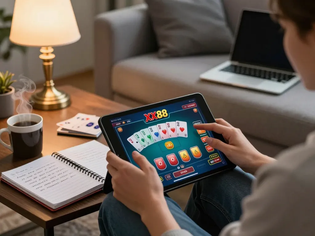 Engaging online gaming with xx88 poker interface on a tablet in a cozy living room setting.