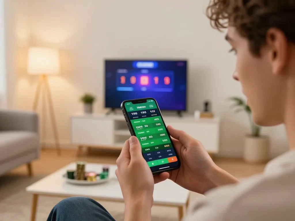 Engaged bettor using mobile app for nhà cái fly88 sports betting with live odds updates.