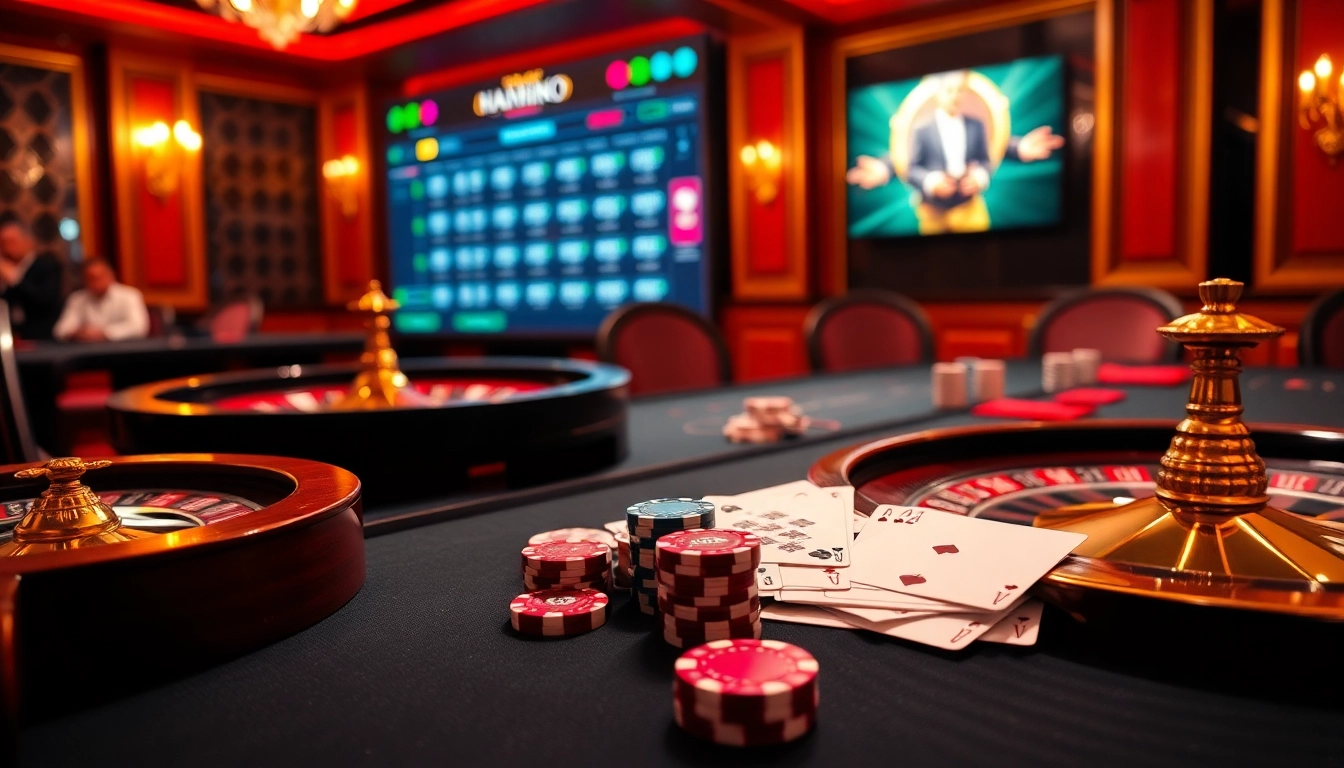Engaging gambling scene showcasing lô đề uy tín with luxurious poker table and vibrant roulette wheel.