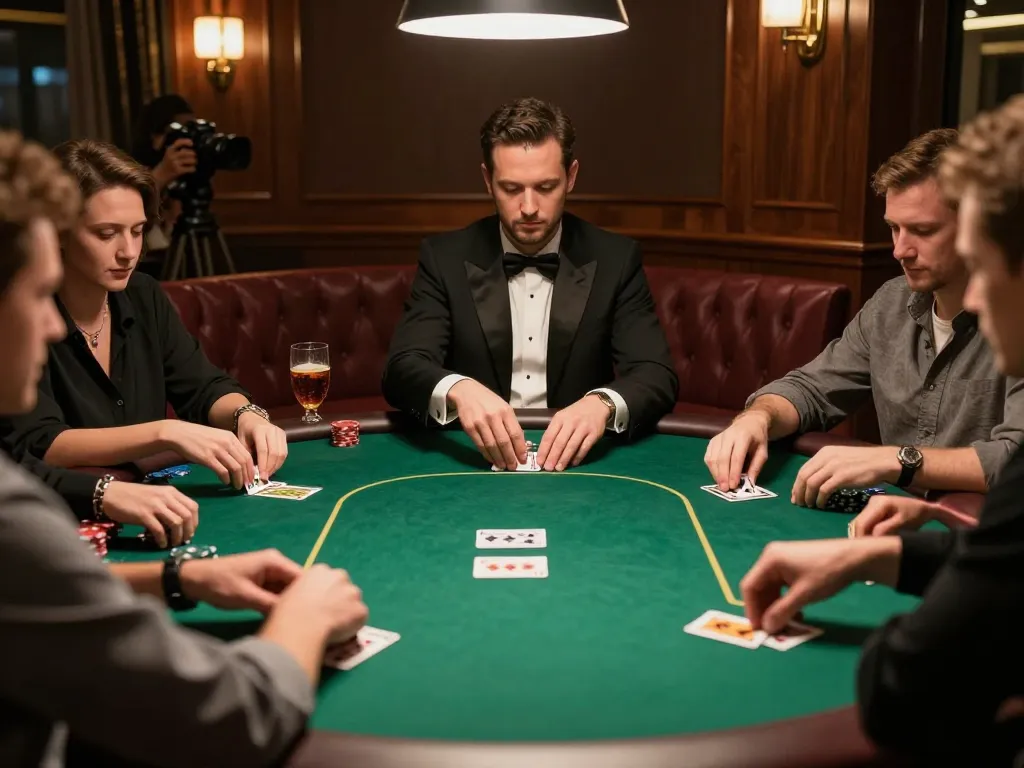S8 players enjoying a lively poker game with a dealer and warm lighting.