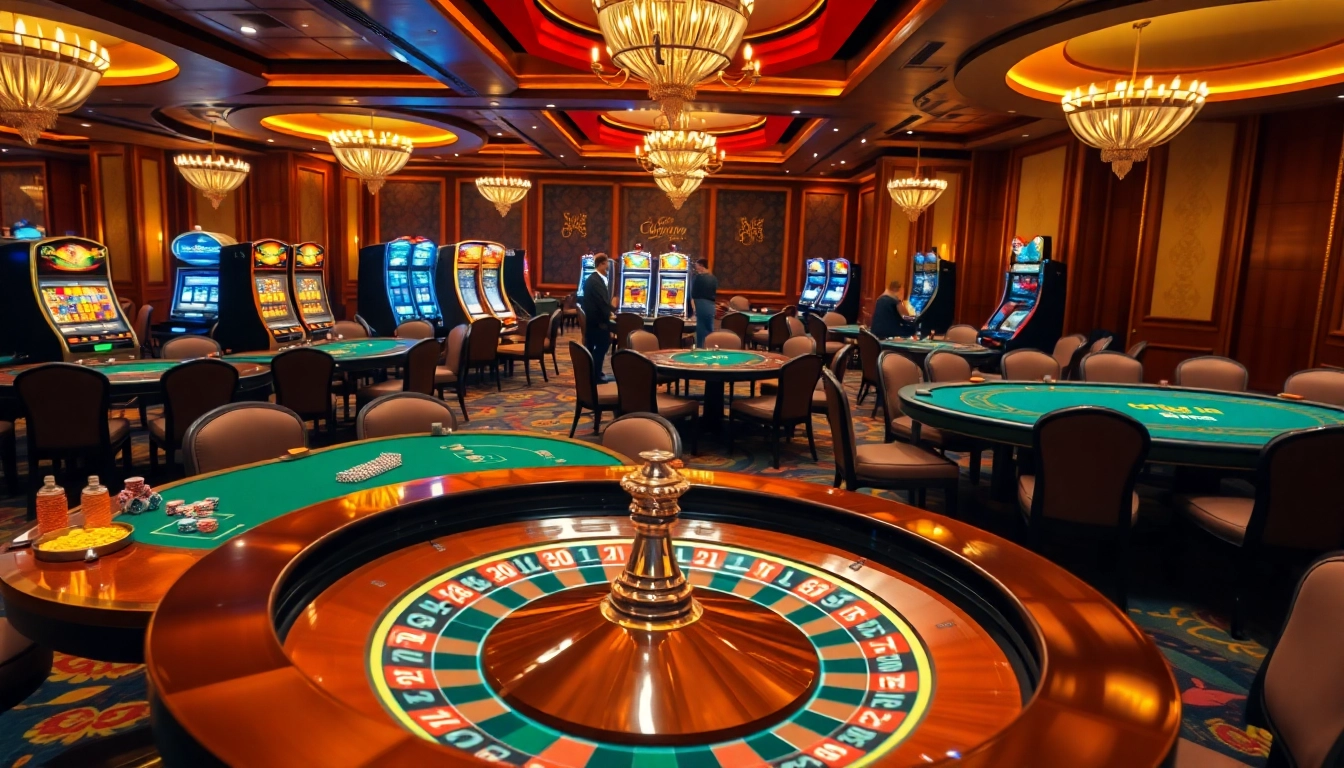 Engaging casino experience with okwin branding featuring roulette, poker, and iconic slot machines.