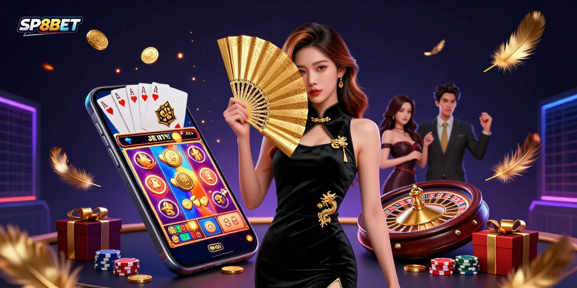 Experience excitement with SP8BET in this vibrant 3D casino illustration featuring various game elements.