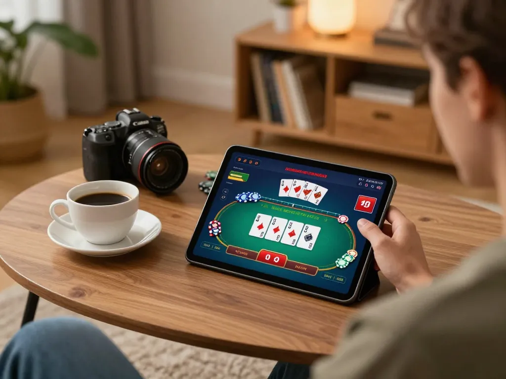 Person playing poker on tablet at home, showcasing cm88 online casino experience.