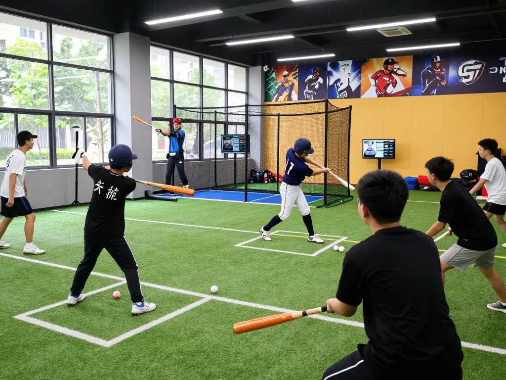 Hitclub athletes training in a state-of-the-art facility, showcasing baseball skills and teamwork.