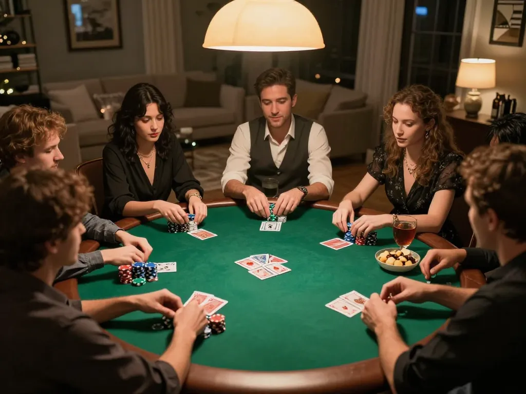 Players enjoying a poker night at home, highlighting casino 88vv strategies and convivial atmosphere.