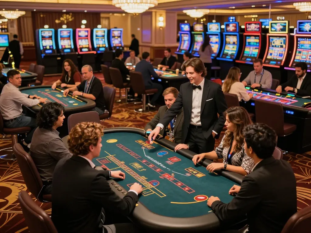 Gaming excitement at LC88 com with players engaged at casino tables and vibrant ambiance