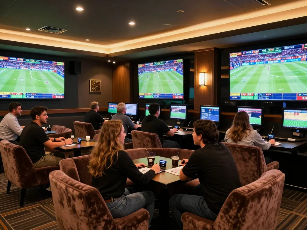 Engaged bettors at TV88's upscale sports betting lounge analyzing stats and placing wagers.