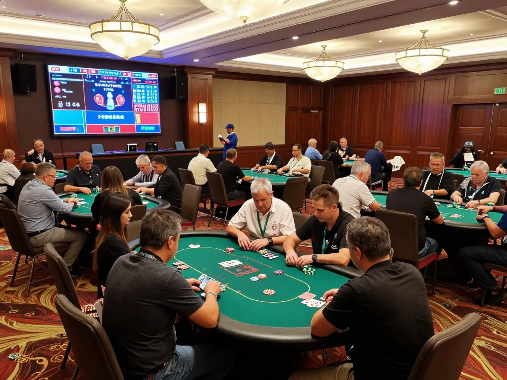 Engaged players at a vibrant poker tournament under warm casino lighting showcasing debet strategy.