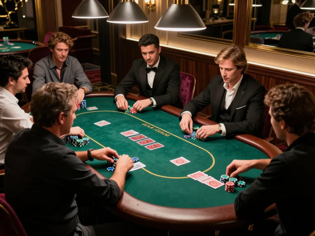 Players enjoying strategic poker session at 789CLUB high-roller table, highlighting camaraderie and excitement.