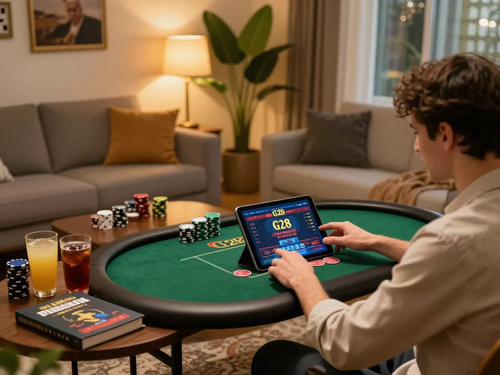 Engaged player using G28 online casino app in a stylish home setting.