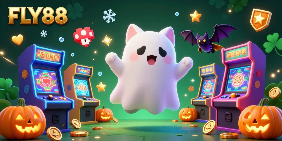 "FLY88 offers a spooky gaming adventure with interactive ghost cat and vampire bat in a haunted casino setting."