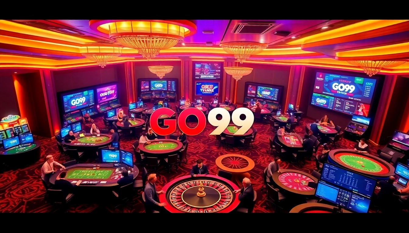 Experience the excitement of GO99's luxurious online casino atmosphere with engaging gaming tables and vibrant players.