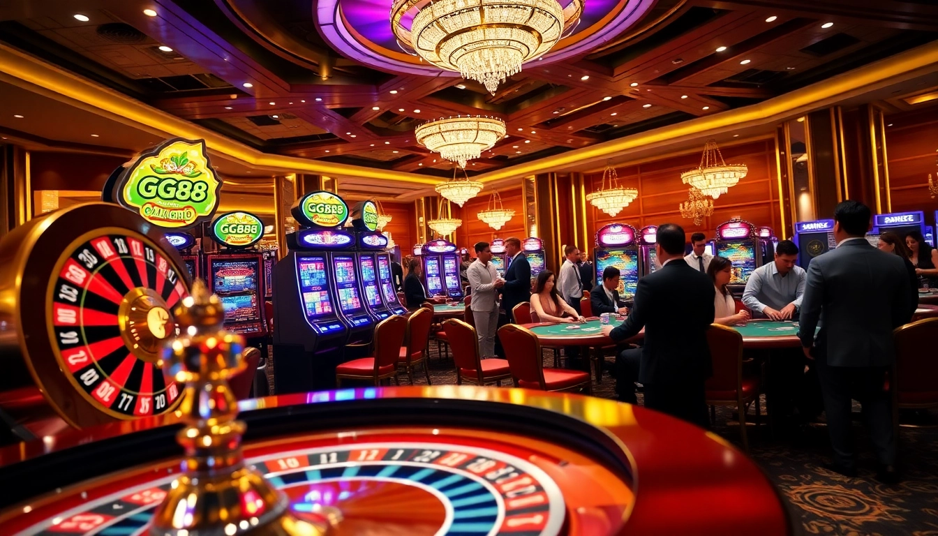 Exciting gaming atmosphere at GG88 casino with roulette wheels and slot machines.