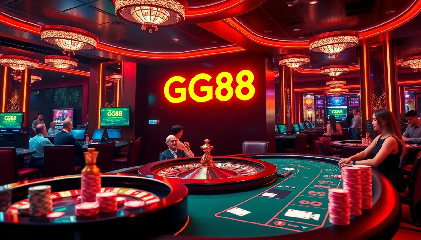 Exciting casino scene with GG88 logo, showcasing roulette wheel and vibrant poker atmosphere.