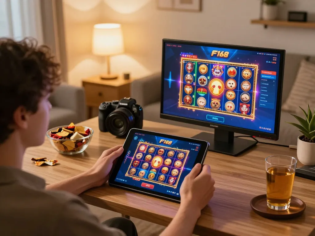 Person enjoying online casino experience on F168 app during cozy evening at home