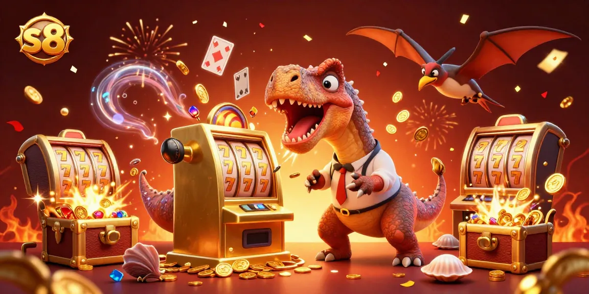 Experience the thrill with s 8 as a pachycephalosaurus hits a golden slot machine for a jackpot!
