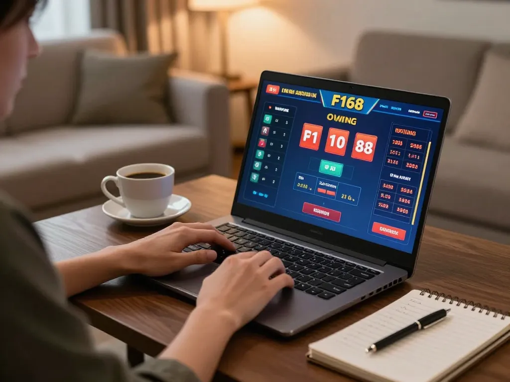 Person engaged in F168 online casino gaming on laptop at home, analyzing betting strategies with coffee