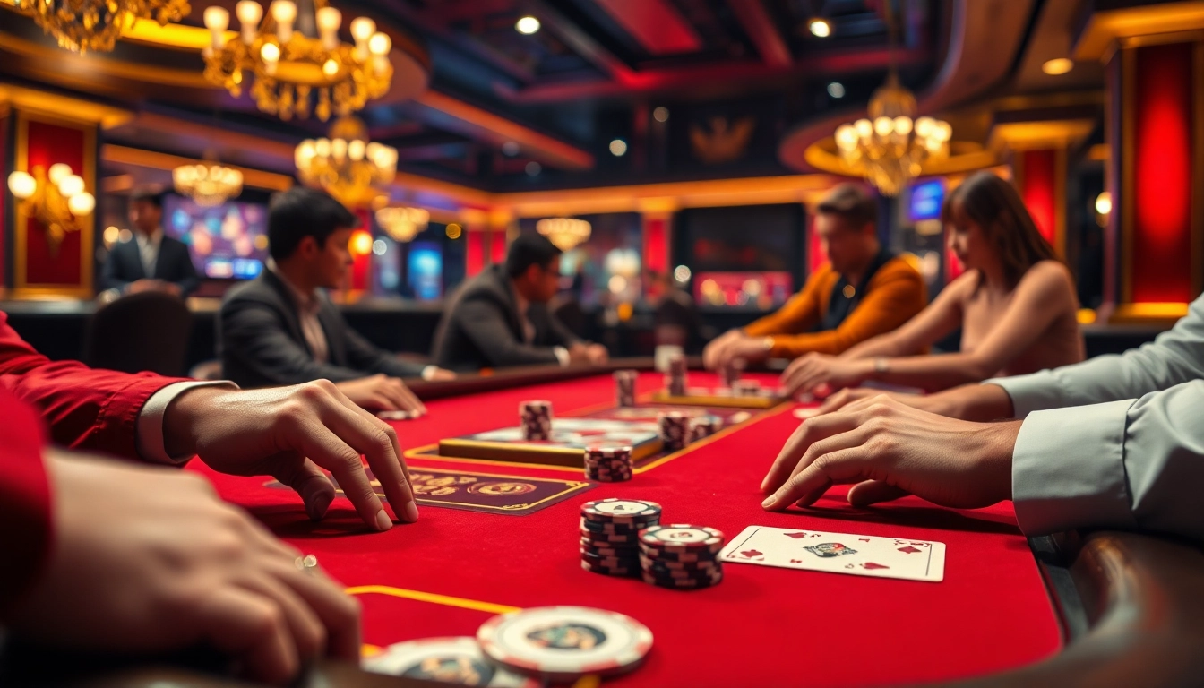 Exciting poker action at an opulent casino table, highlighting an okwin gaming atmosphere.
