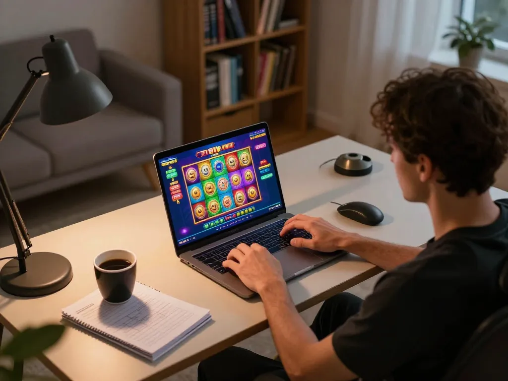 Enjoying an exciting 789F gaming experience with vibrant slot games on a laptop in a cozy home setting