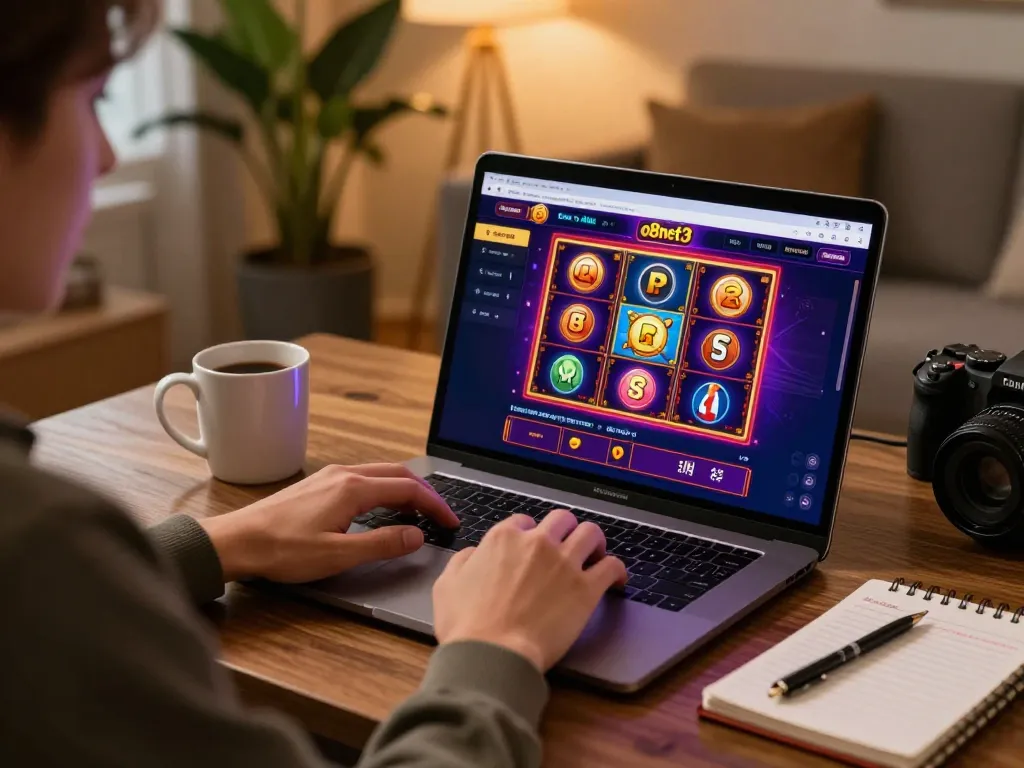 Player engaging in online slots on o8net3 from a cozy home setting.