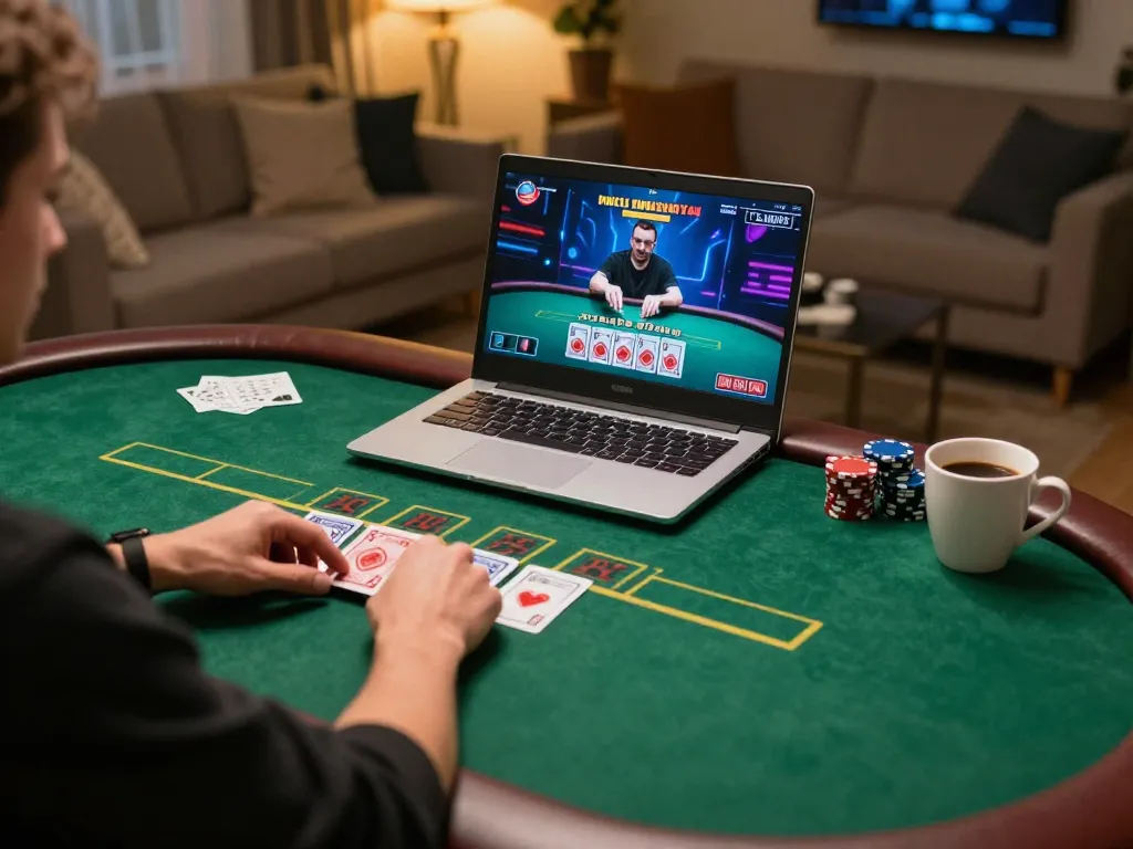 Player enjoying an online poker game at home, showcasing the thrilling oxbet experience with strategic gameplay