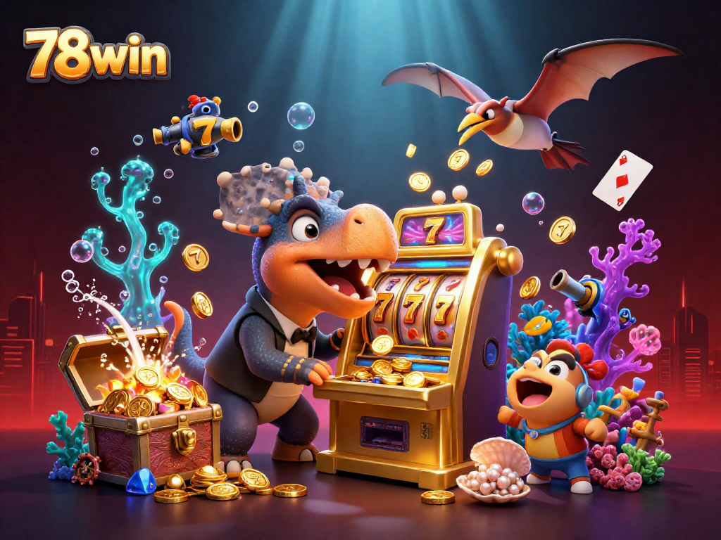 Immerse in 78win's thrilling cartoon casino scene with dinosaurs, jackpots, and treasure!