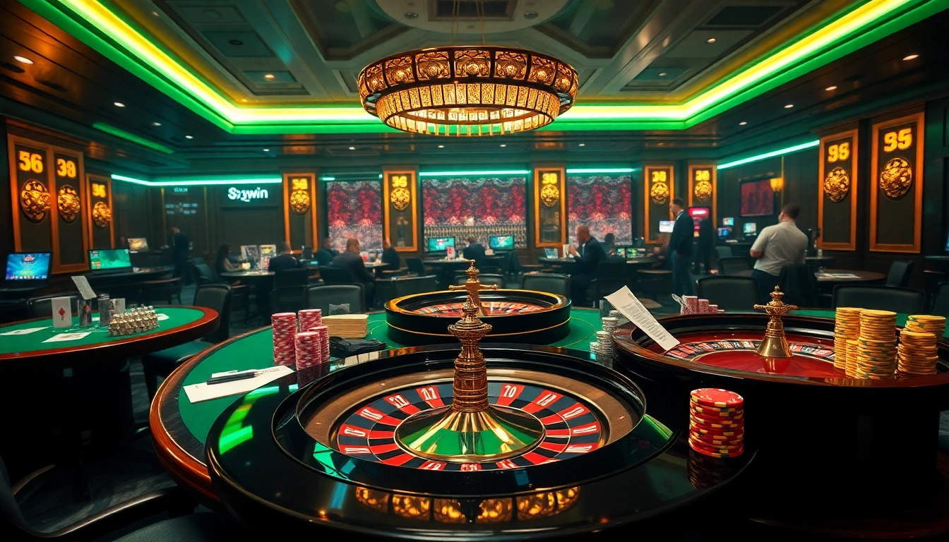 Players engage in high-stakes poker at 33win's vibrant casino tables with colorful chips and betting slips.