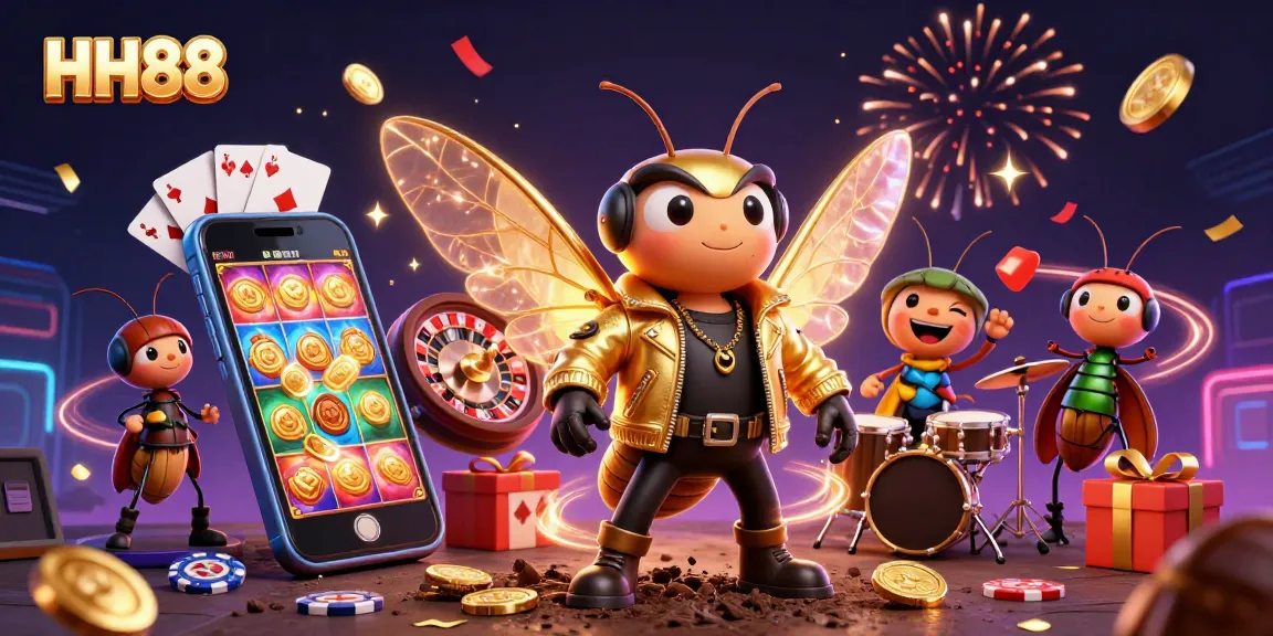 Engage with the exciting world of HH88 as a dynamic cicada rock star performs amid vibrant casino elements.