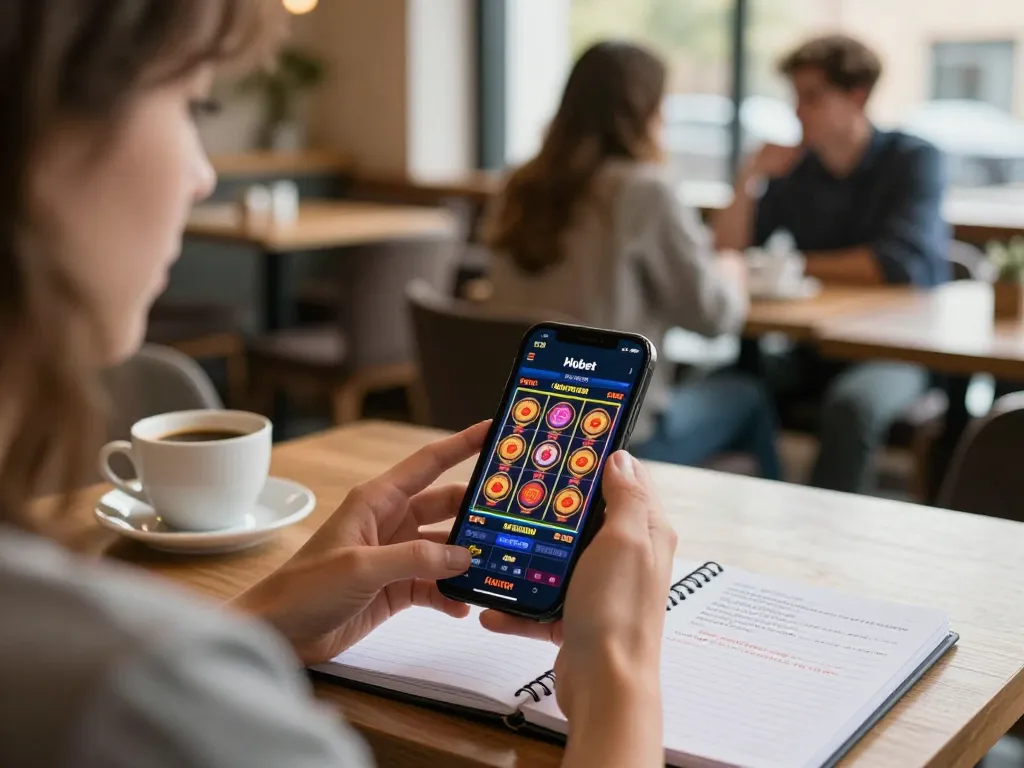Engaging gameplay on the Hubet app with vibrant slots displayed on a smartphone at a café