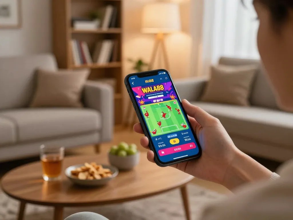 WALA88 user engaging in live betting action on smartphone, showcasing an online gaming setup with vibrant elements.