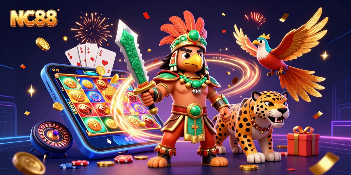 Engage in thrilling gameplay with NC88, showcasing vibrant slot games and captivating characters.